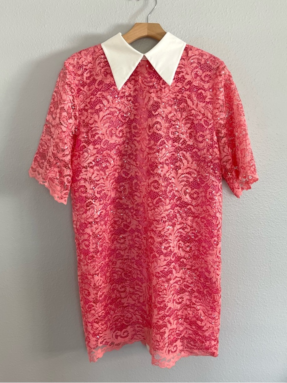 Pink Lace Short-Sleeve Shirt with White Collar